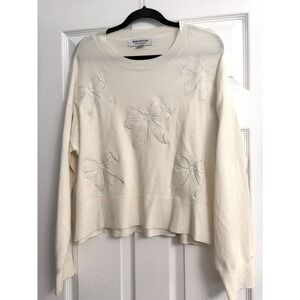 Bridgerton Netflix Cream Embroidered Bow Lace Knit Sweater Large Soft Famine